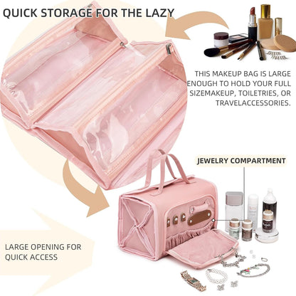 Roll Up Makeup Bag, Travel Toiletry Bag for Women with 4 Clear TSA Approved Pouches, Hanging Travel Organizer, Folding Cosmetic Bag for Men and Women (khaki)