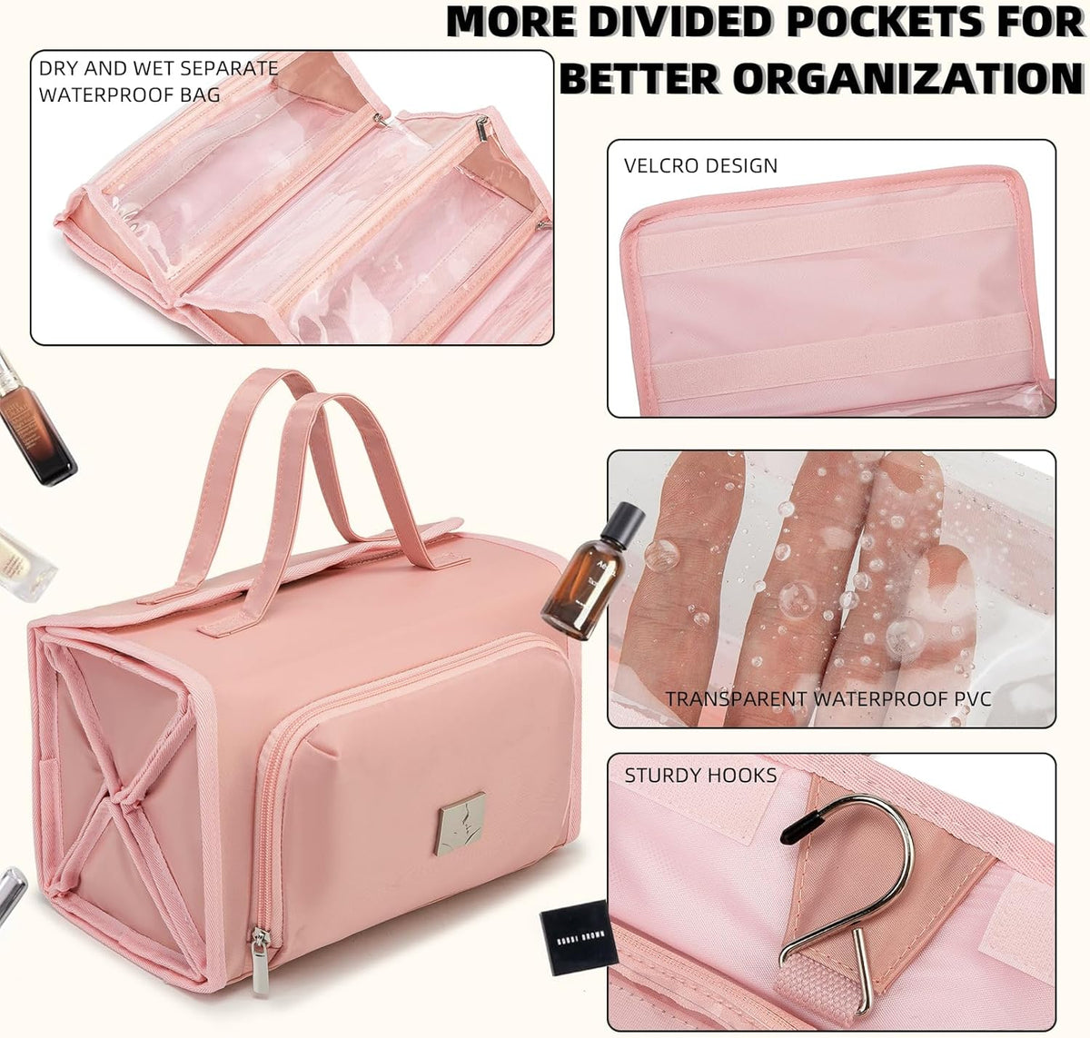Roll Up Makeup Bag, Travel Toiletry Bag for Women with 4 Clear TSA Approved Pouches, Hanging Travel Organizer, Folding Cosmetic Bag for Men and Women (khaki)