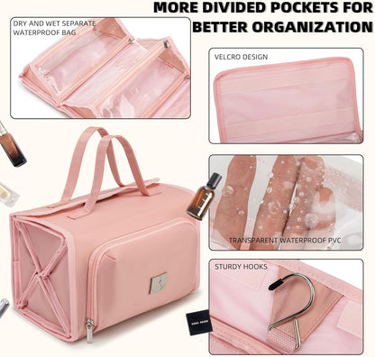 Roll Up Makeup Bag, Travel Toiletry Bag for Women with 4 Clear TSA Approved Pouches, Hanging Travel Organizer, Folding Cosmetic Bag for Men and Women (khaki)