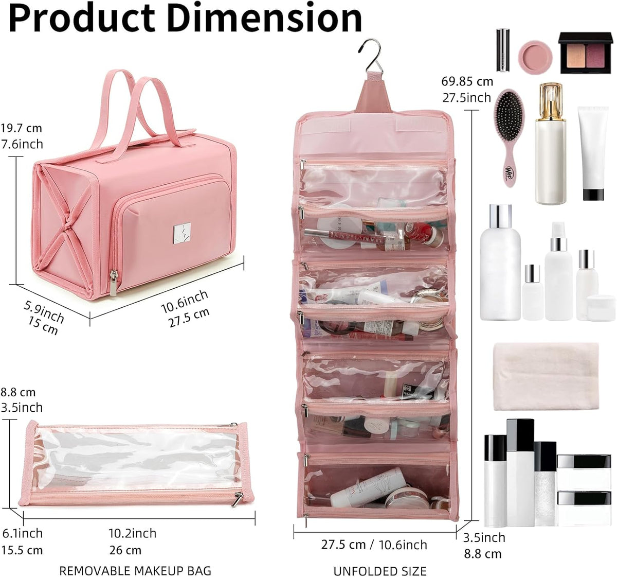 Roll Up Makeup Bag, Travel Toiletry Bag for Women with 4 Clear TSA Approved Pouches, Hanging Travel Organizer, Folding Cosmetic Bag for Men and Women (khaki)