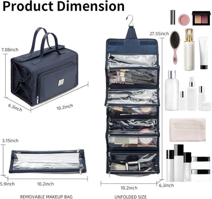Roll Up Makeup Bag, Travel Toiletry Bag for Women with 4 Clear TSA Approved Pouches, Hanging Travel Organizer, Folding Cosmetic Bag for Men and Women (khaki)