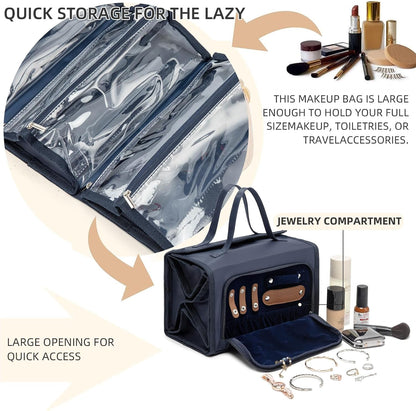Roll Up Makeup Bag, Travel Toiletry Bag for Women with 4 Clear TSA Approved Pouches, Hanging Travel Organizer, Folding Cosmetic Bag for Men and Women (khaki)