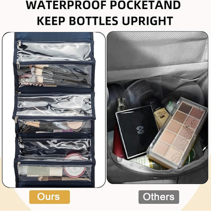 Roll Up Makeup Bag, Travel Toiletry Bag for Women with 4 Clear TSA Approved Pouches, Hanging Travel Organizer, Folding Cosmetic Bag for Men and Women (khaki)
