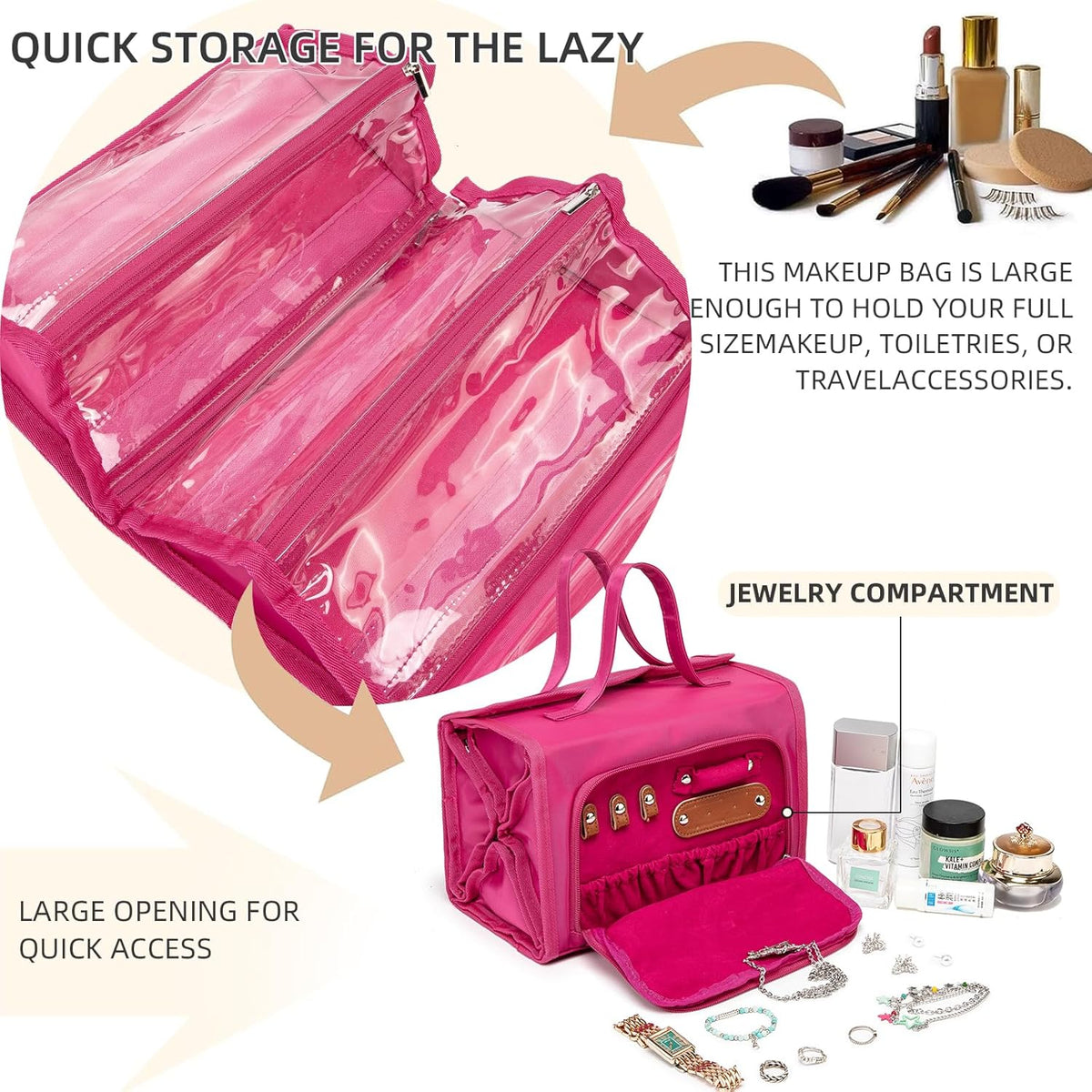 Roll Up Makeup Bag, Travel Toiletry Bag for Women with 4 Clear TSA Approved Pouches, Hanging Travel Organizer, Folding Cosmetic Bag for Men and Women (khaki)