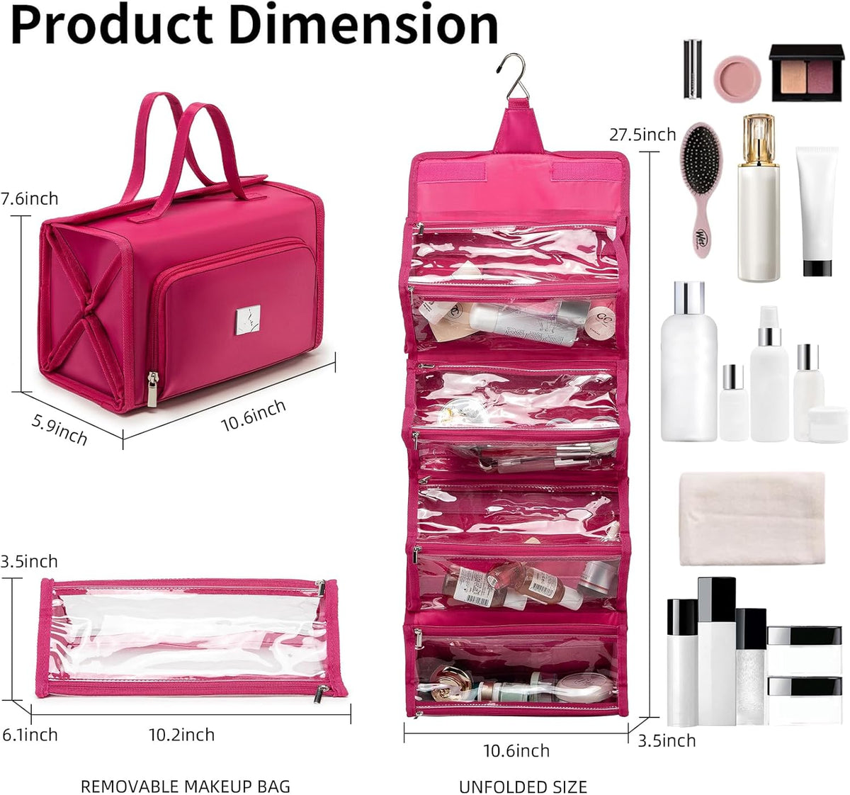 Roll Up Makeup Bag, Travel Toiletry Bag for Women with 4 Clear TSA Approved Pouches, Hanging Travel Organizer, Folding Cosmetic Bag for Men and Women (khaki)