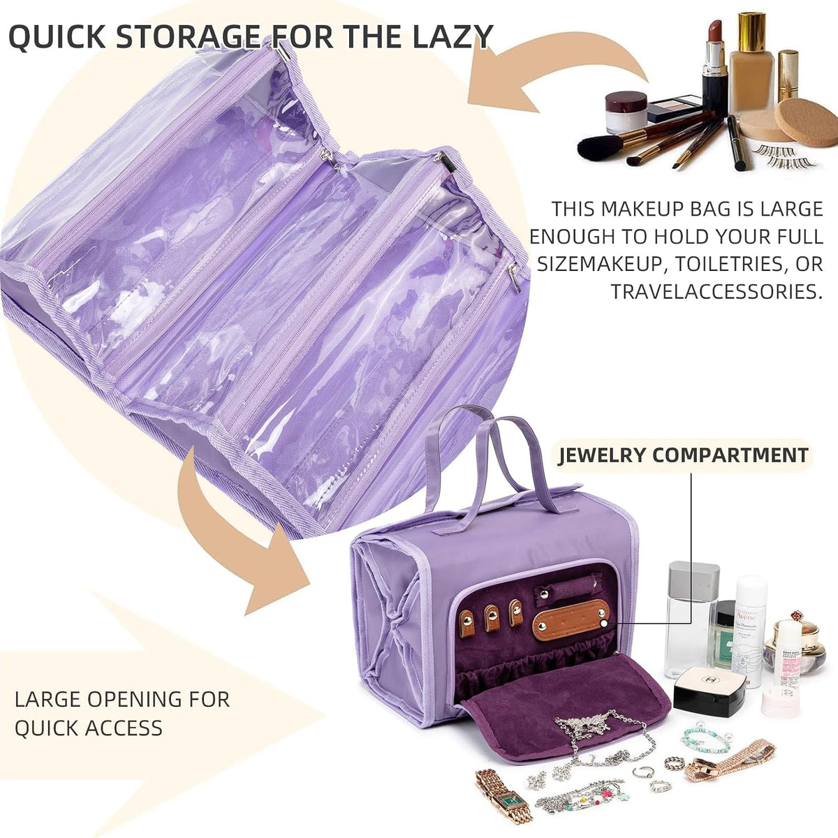 Roll Up Makeup Bag, Travel Toiletry Bag for Women with 4 Clear TSA Approved Pouches, Hanging Travel Organizer, Folding Cosmetic Bag for Men and Women (khaki)
