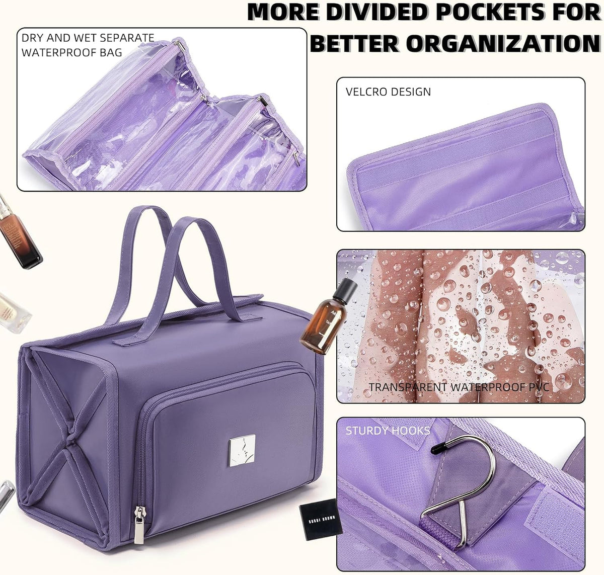 Roll Up Makeup Bag, Travel Toiletry Bag for Women with 4 Clear TSA Approved Pouches, Hanging Travel Organizer, Folding Cosmetic Bag for Men and Women (khaki)