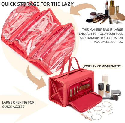 Roll Up Makeup Bag, Travel Toiletry Bag for Women with 4 Clear TSA Approved Pouches, Hanging Travel Organizer, Folding Cosmetic Bag for Men and Women (khaki)