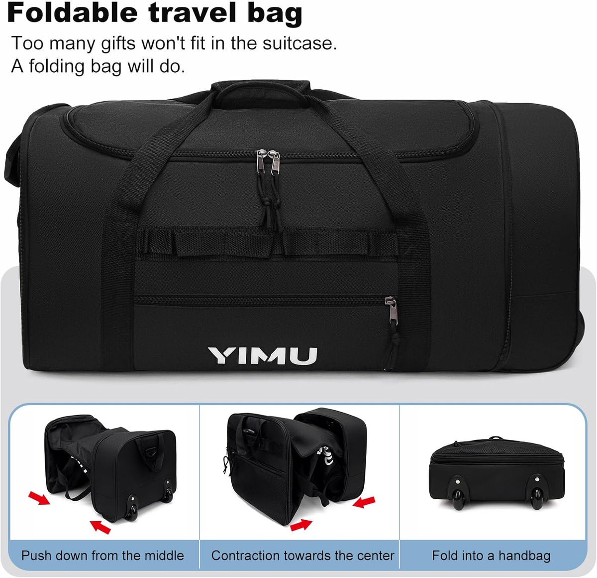 Large-Capacity Foldable Travel Bag, Single-Shoulder Hand-Held Wheeled Bag, Lightweight Travel Luggage Bag, Portable Luggage Bag Storage Bag for Business Trips (Black)