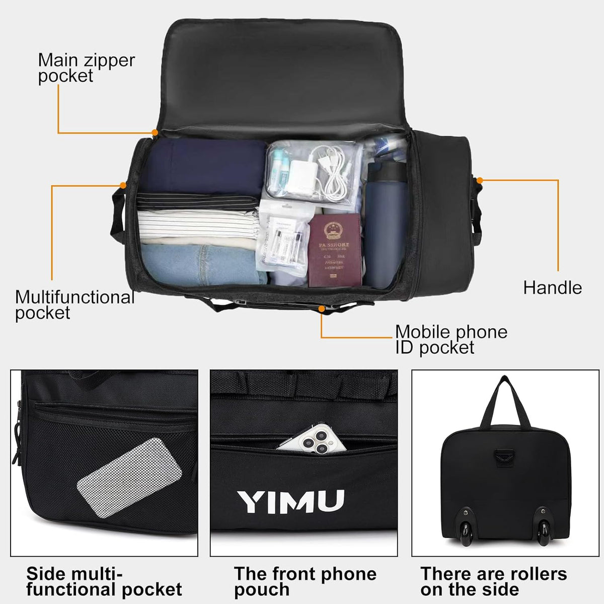 Large-Capacity Foldable Travel Bag, Single-Shoulder Hand-Held Wheeled Bag, Lightweight Travel Luggage Bag, Portable Luggage Bag Storage Bag for Business Trips (Black)