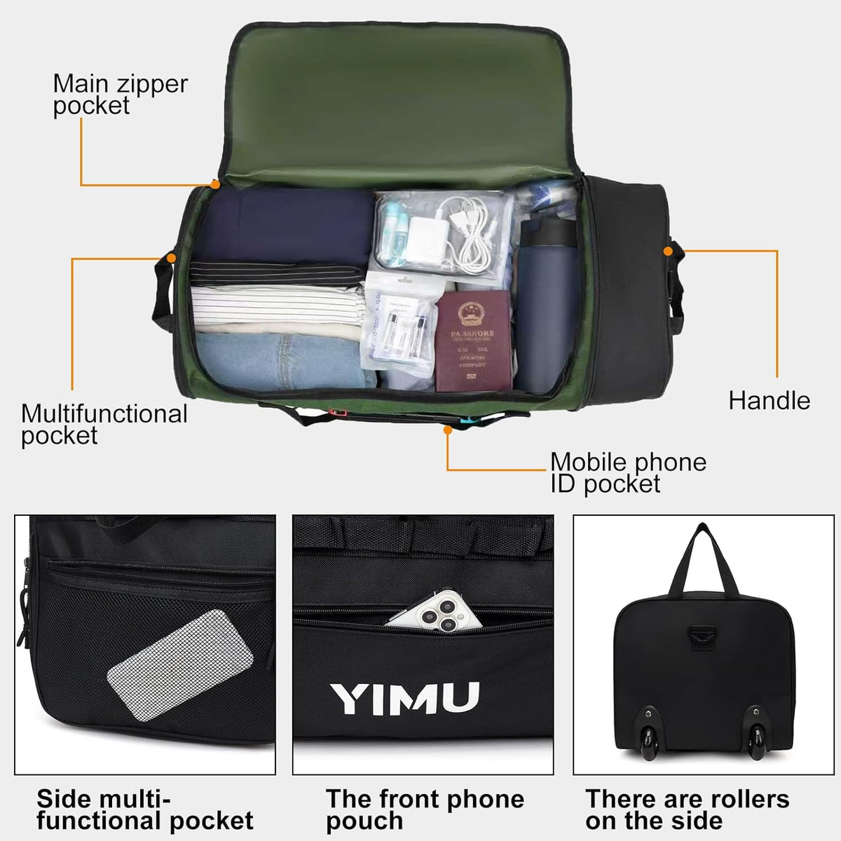 Large-Capacity Foldable Travel Bag, Single-Shoulder Hand-Held Wheeled Bag, Lightweight Travel Luggage Bag, Portable Luggage Bag Storage Bag for Business Trips (Black)