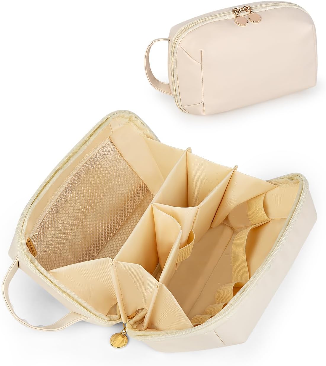 Travel Makeup Bag Gift for Women, Soft PU Leather Waterproof Toiletry Bag, Large Capacity Cosmetic Bags, Portable Wide Open Pouch, Travel Cosmetic Bag with Divider and Handle, Large, Beige