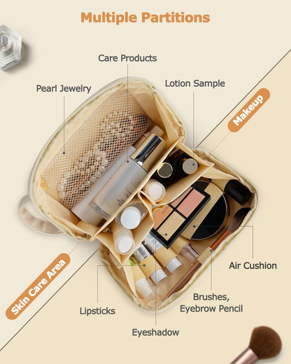 Travel Makeup Bag Gift for Women, Soft PU Leather Waterproof Toiletry Bag, Large Capacity Cosmetic Bags, Portable Wide Open Pouch, Travel Cosmetic Bag with Divider and Handle, Large, Beige