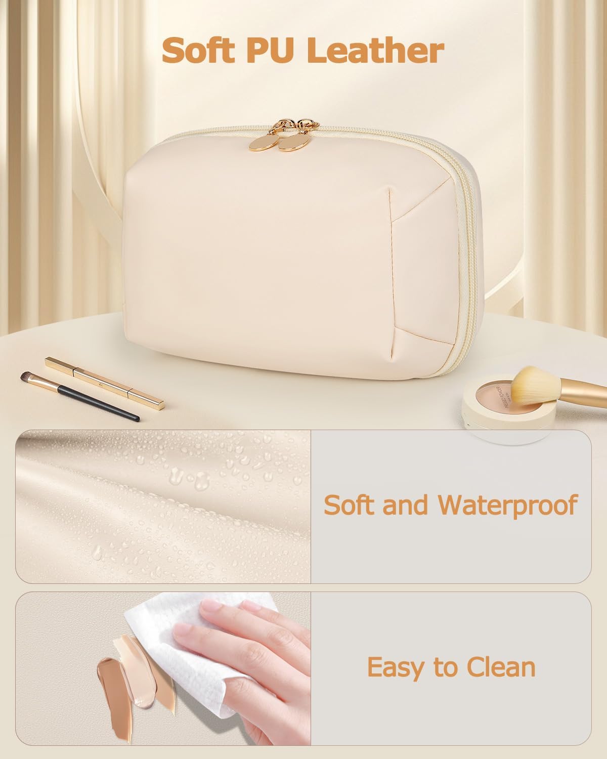 Travel Makeup Bag Gift for Women, Soft PU Leather Waterproof Toiletry Bag, Large Capacity Cosmetic Bags, Portable Wide Open Pouch, Travel Cosmetic Bag with Divider and Handle, Large, Beige