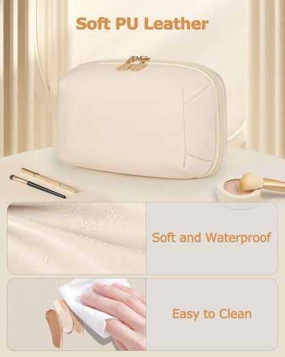 Travel Makeup Bag Gift for Women, Soft PU Leather Waterproof Toiletry Bag, Large Capacity Cosmetic Bags, Portable Wide Open Pouch, Travel Cosmetic Bag with Divider and Handle, Large, Beige