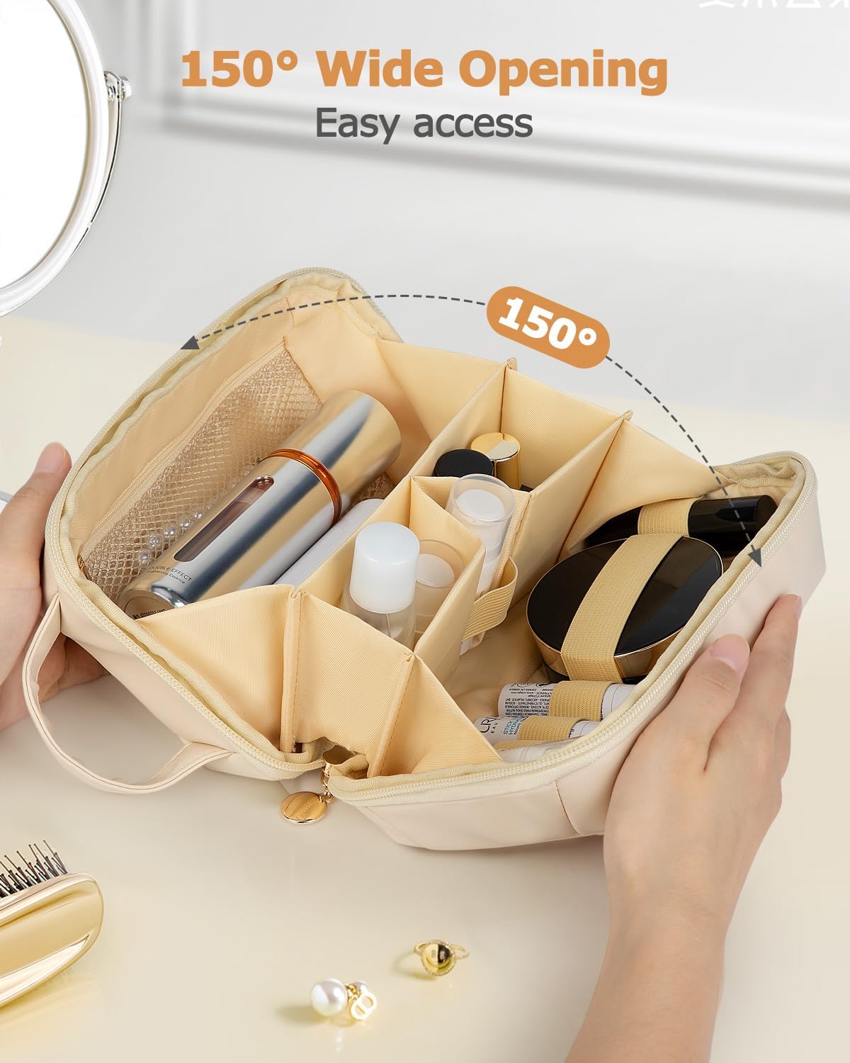 Travel Makeup Bag Gift for Women, Soft PU Leather Waterproof Toiletry Bag, Large Capacity Cosmetic Bags, Portable Wide Open Pouch, Travel Cosmetic Bag with Divider and Handle, Large, Beige