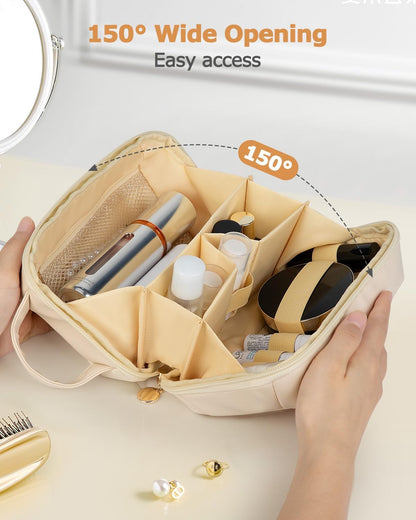 Travel Makeup Bag Gift for Women, Soft PU Leather Waterproof Toiletry Bag, Large Capacity Cosmetic Bags, Portable Wide Open Pouch, Travel Cosmetic Bag with Divider and Handle, Large, Beige
