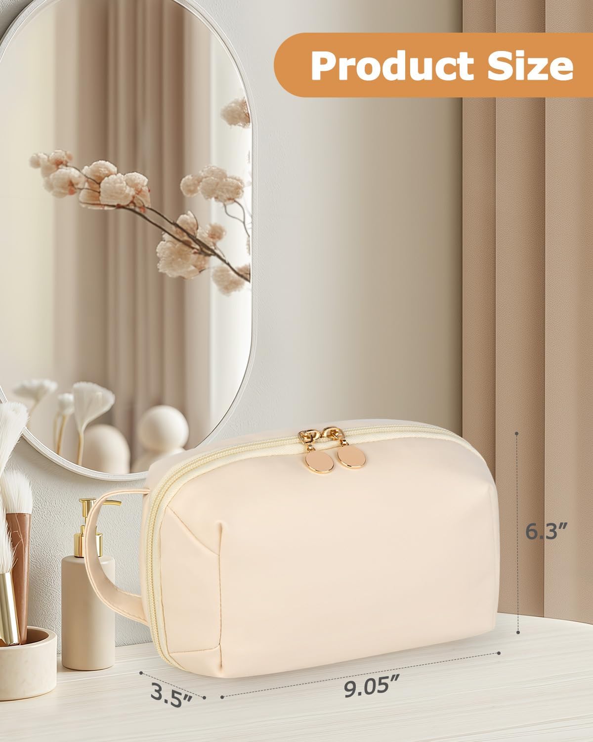 Travel Makeup Bag Gift for Women, Soft PU Leather Waterproof Toiletry Bag, Large Capacity Cosmetic Bags, Portable Wide Open Pouch, Travel Cosmetic Bag with Divider and Handle, Large, Beige