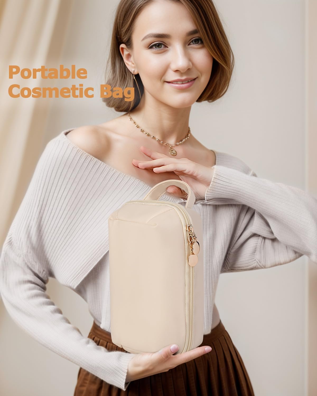 Travel Makeup Bag Gift for Women, Soft PU Leather Waterproof Toiletry Bag, Large Capacity Cosmetic Bags, Portable Wide Open Pouch, Travel Cosmetic Bag with Divider and Handle, Large, Beige