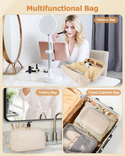 Travel Makeup Bag Gift for Women, Soft PU Leather Waterproof Toiletry Bag, Large Capacity Cosmetic Bags, Portable Wide Open Pouch, Travel Cosmetic Bag with Divider and Handle, Large, Beige