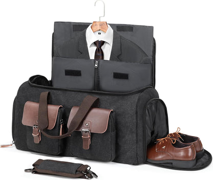 Canvas Garment Bags for Travel, Convertible Carry On Garment Duffel Bag for Men Women, 2 in 1 Suit Bag Hanging Suitcase Business Travel Bag with Shoe Compartment (Grey, L)