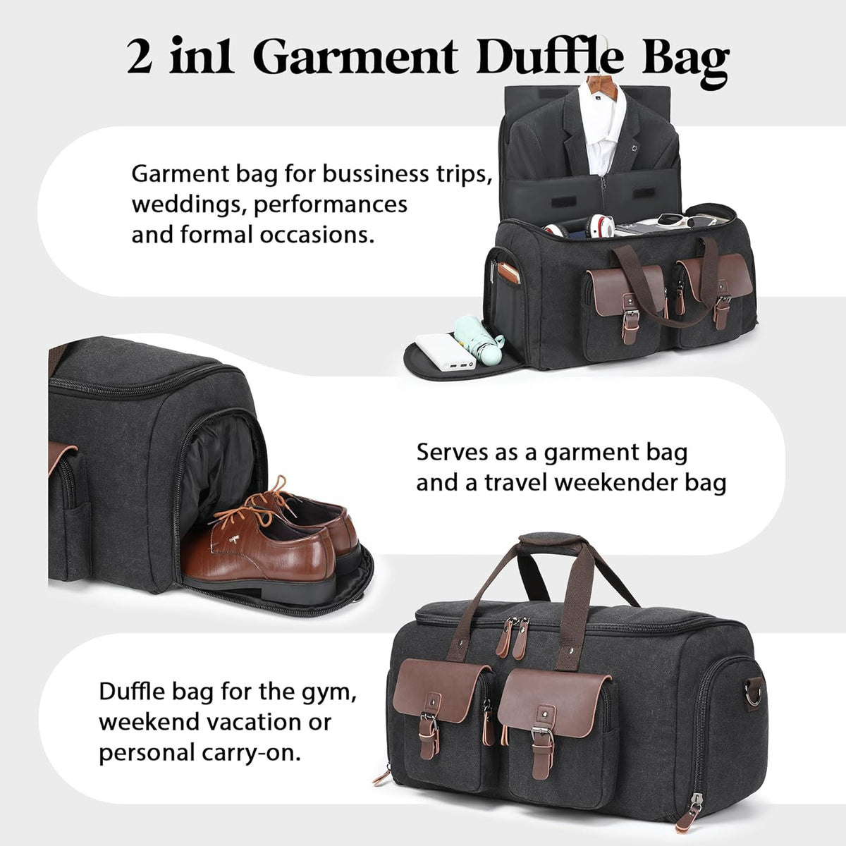 Canvas Garment Bags for Travel, Convertible Carry On Garment Duffel Bag for Men Women, 2 in 1 Suit Bag Hanging Suitcase Business Travel Bag with Shoe Compartment (Grey, L)