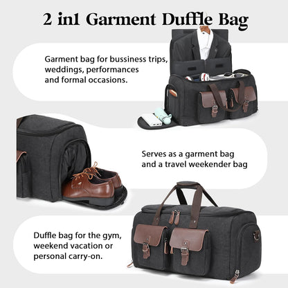 Canvas Garment Bags for Travel, Convertible Carry On Garment Duffel Bag for Men Women, 2 in 1 Suit Bag Hanging Suitcase Business Travel Bag with Shoe Compartment (Grey, L)