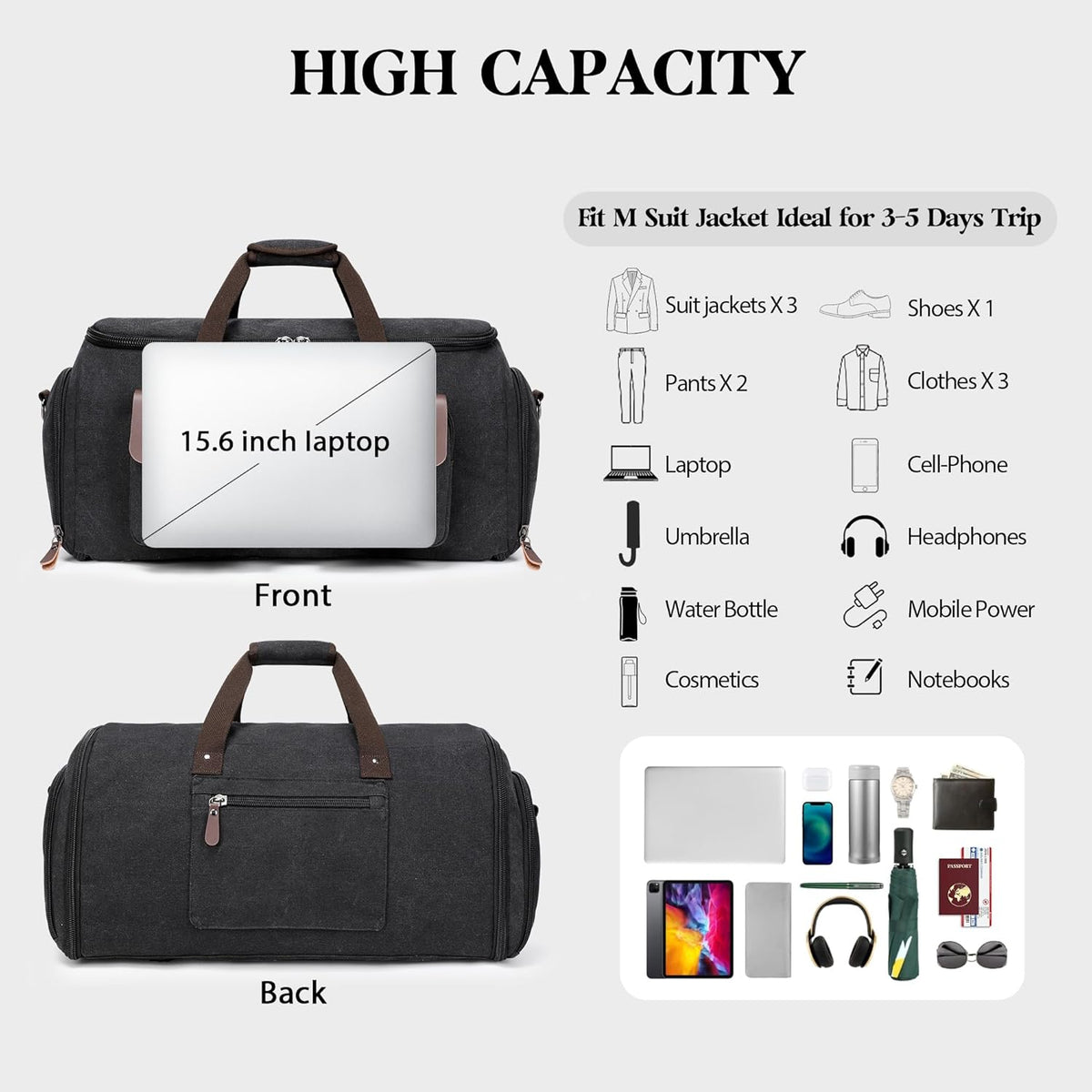 Canvas Garment Bags for Travel, Convertible Carry On Garment Duffel Bag for Men Women, 2 in 1 Suit Bag Hanging Suitcase Business Travel Bag with Shoe Compartment (Grey, L)
