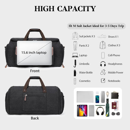 Canvas Garment Bags for Travel, Convertible Carry On Garment Duffel Bag for Men Women, 2 in 1 Suit Bag Hanging Suitcase Business Travel Bag with Shoe Compartment (Grey, L)