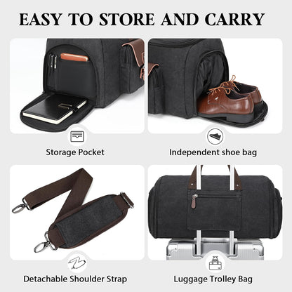 Canvas Garment Bags for Travel, Convertible Carry On Garment Duffel Bag for Men Women, 2 in 1 Suit Bag Hanging Suitcase Business Travel Bag with Shoe Compartment (Grey, L)