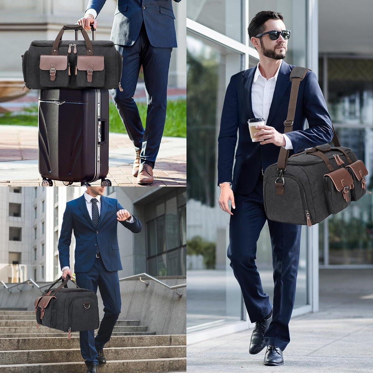 Canvas Garment Bags for Travel, Convertible Carry On Garment Duffel Bag for Men Women, 2 in 1 Suit Bag Hanging Suitcase Business Travel Bag with Shoe Compartment (Grey, L)