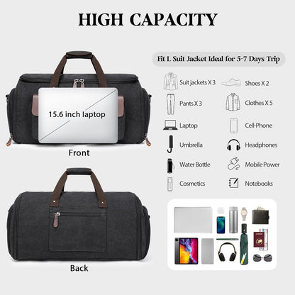 Canvas Garment Bags for Travel, Convertible Carry On Garment Duffel Bag for Men Women, 2 in 1 Suit Bag Hanging Suitcase Business Travel Bag with Shoe Compartment (Grey, L)