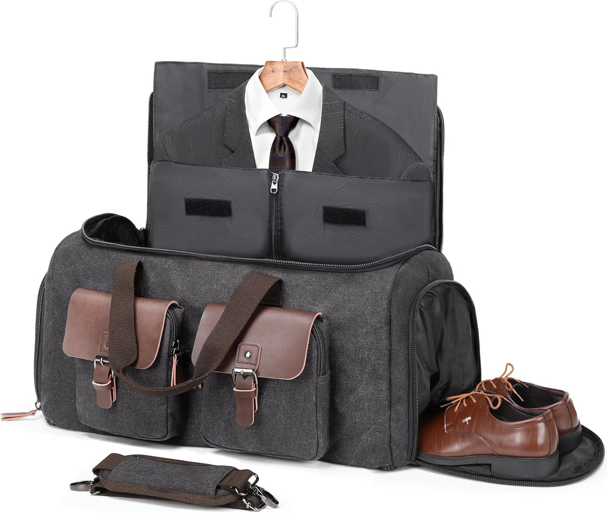 Canvas Garment Bags for Travel, Convertible Carry On Garment Duffel Bag for Men Women, 2 in 1 Suit Bag Hanging Suitcase Business Travel Bag with Shoe Compartment (Grey, L)