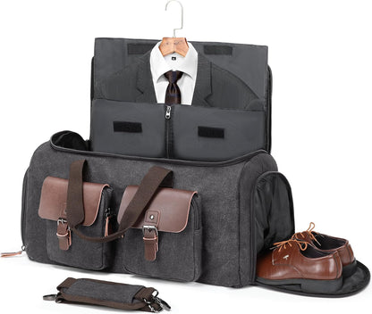 Canvas Garment Bags for Travel, Convertible Carry On Garment Duffel Bag for Men Women, 2 in 1 Suit Bag Hanging Suitcase Business Travel Bag with Shoe Compartment (Grey, L)