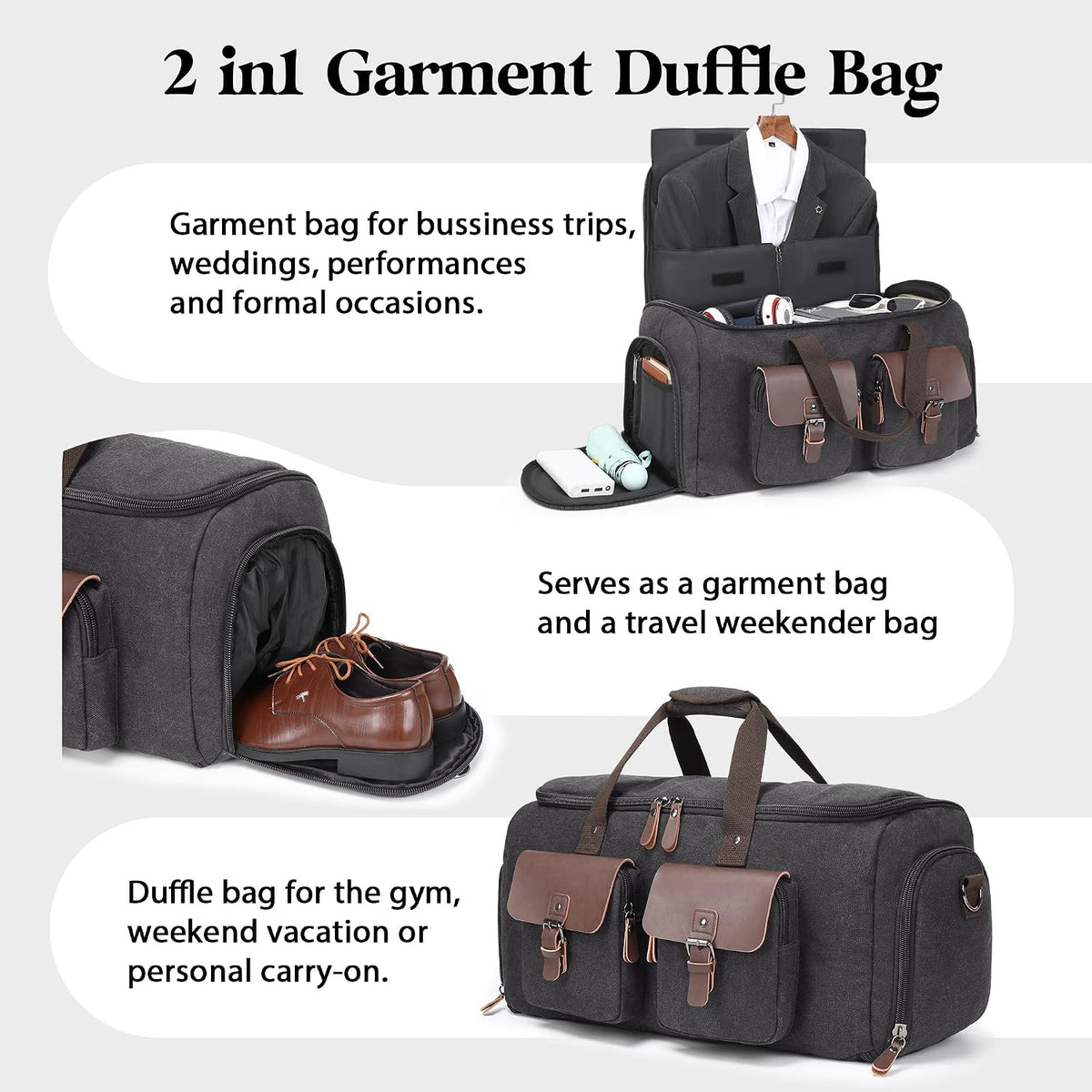 Canvas Garment Bags for Travel, Convertible Carry On Garment Duffel Bag for Men Women, 2 in 1 Suit Bag Hanging Suitcase Business Travel Bag with Shoe Compartment (Grey, L)