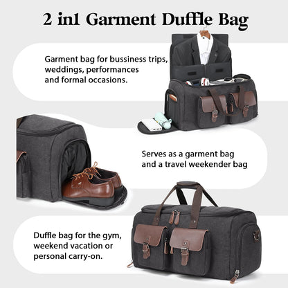 Canvas Garment Bags for Travel, Convertible Carry On Garment Duffel Bag for Men Women, 2 in 1 Suit Bag Hanging Suitcase Business Travel Bag with Shoe Compartment (Grey, L)