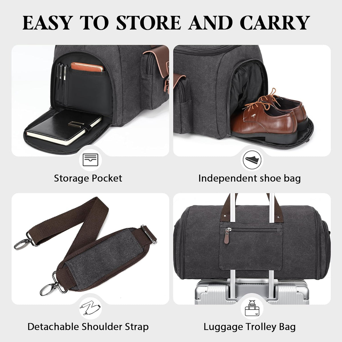 Canvas Garment Bags for Travel, Convertible Carry On Garment Duffel Bag for Men Women, 2 in 1 Suit Bag Hanging Suitcase Business Travel Bag with Shoe Compartment (Grey, L)