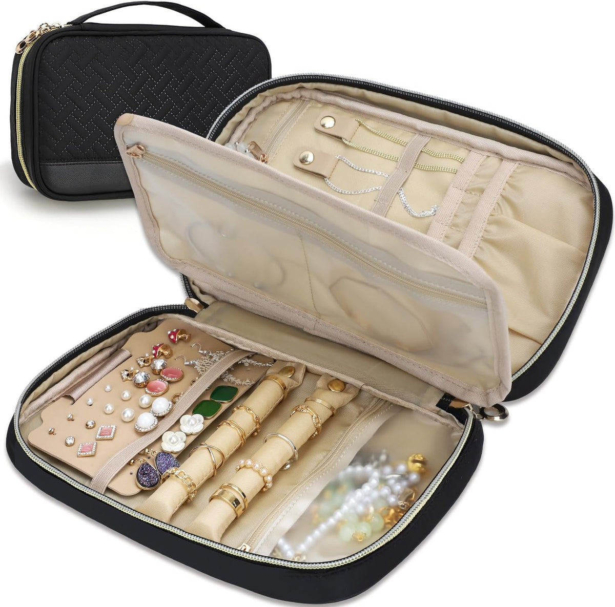 Travel Jewelry Case Organizer for Necklace & Earrings, Pink | Padded slots & necklace ties keep jewelry tangle-free; double-zip, water-repellent travel case for rings & earrings