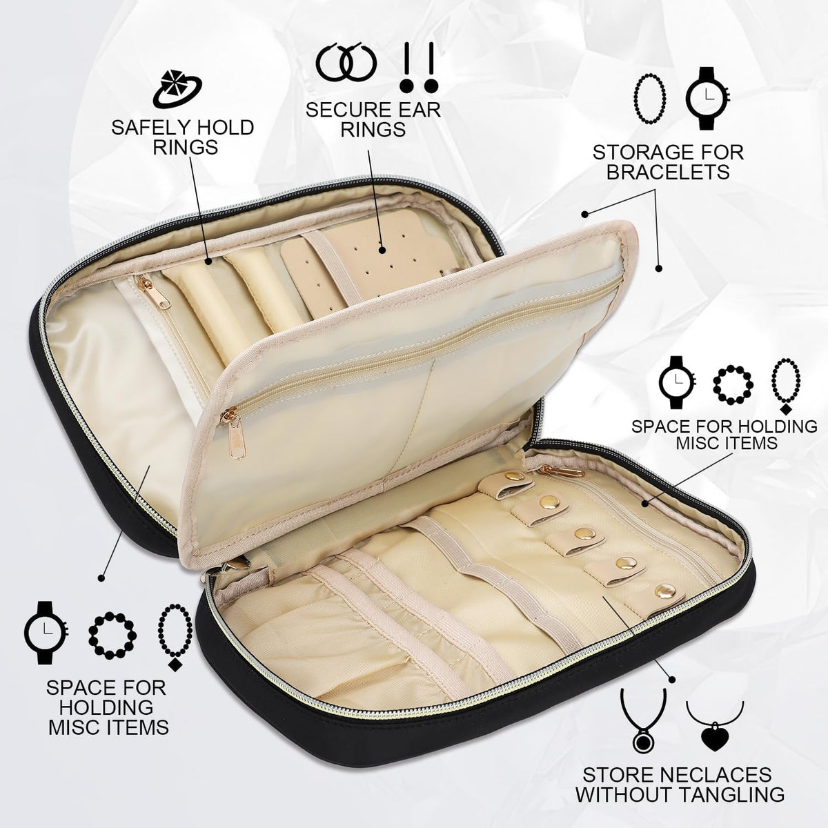 Travel Jewelry Case Organizer for Necklace & Earrings, Pink | Padded slots & necklace ties keep jewelry tangle-free; double-zip, water-repellent travel case for rings & earrings