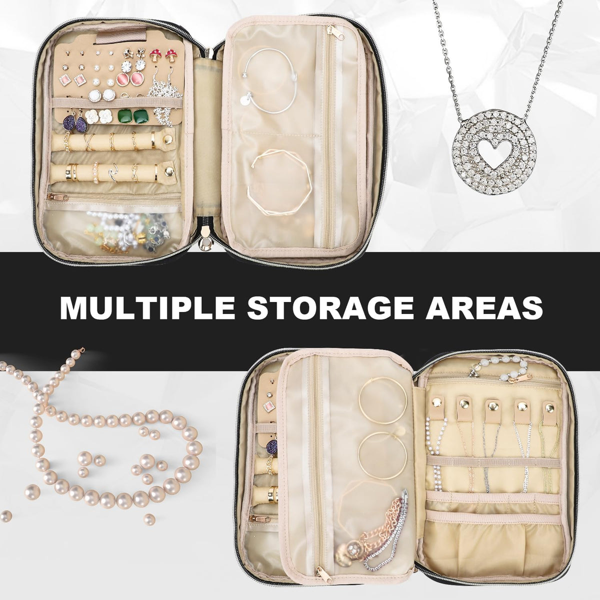 Travel Jewelry Case Organizer for Necklace & Earrings, Pink | Padded slots & necklace ties keep jewelry tangle-free; double-zip, water-repellent travel case for rings & earrings