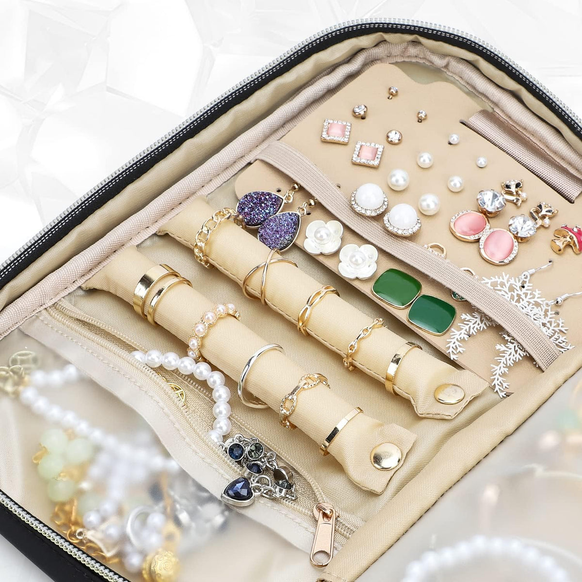 Travel Jewelry Case Organizer for Necklace & Earrings, Pink | Padded slots & necklace ties keep jewelry tangle-free; double-zip, water-repellent travel case for rings & earrings