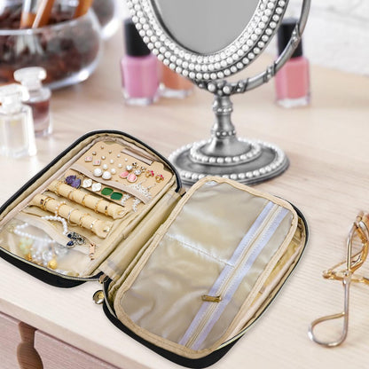 Travel Jewelry Case Organizer for Necklace & Earrings, Pink | Padded slots & necklace ties keep jewelry tangle-free; double-zip, water-repellent travel case for rings & earrings