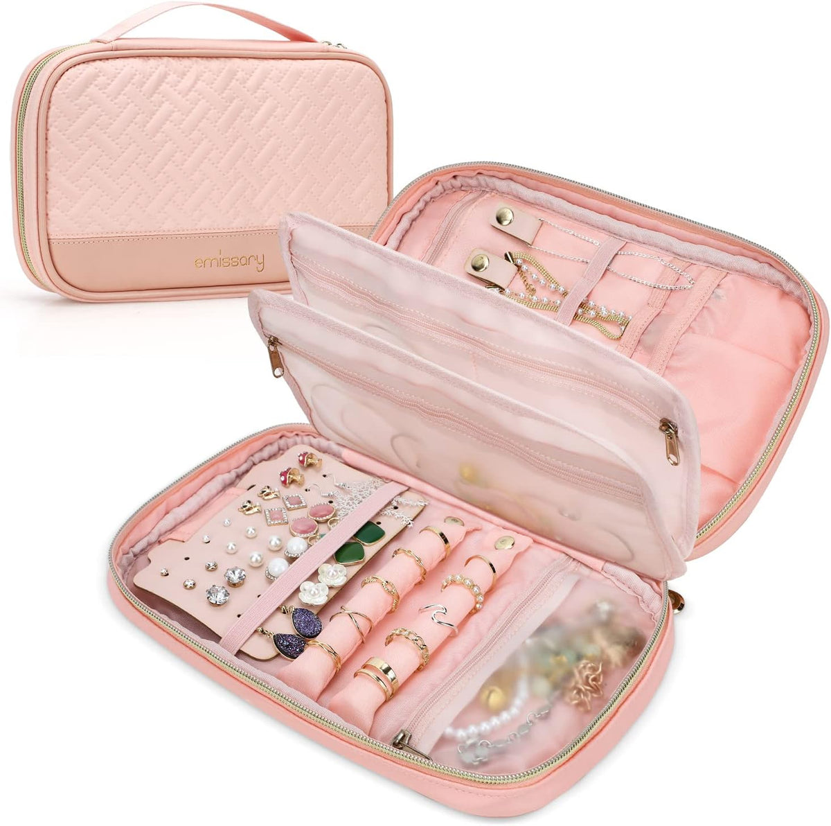 Travel Jewelry Case Organizer for Necklace & Earrings, Pink | Padded slots & necklace ties keep jewelry tangle-free; double-zip, water-repellent travel case for rings & earrings