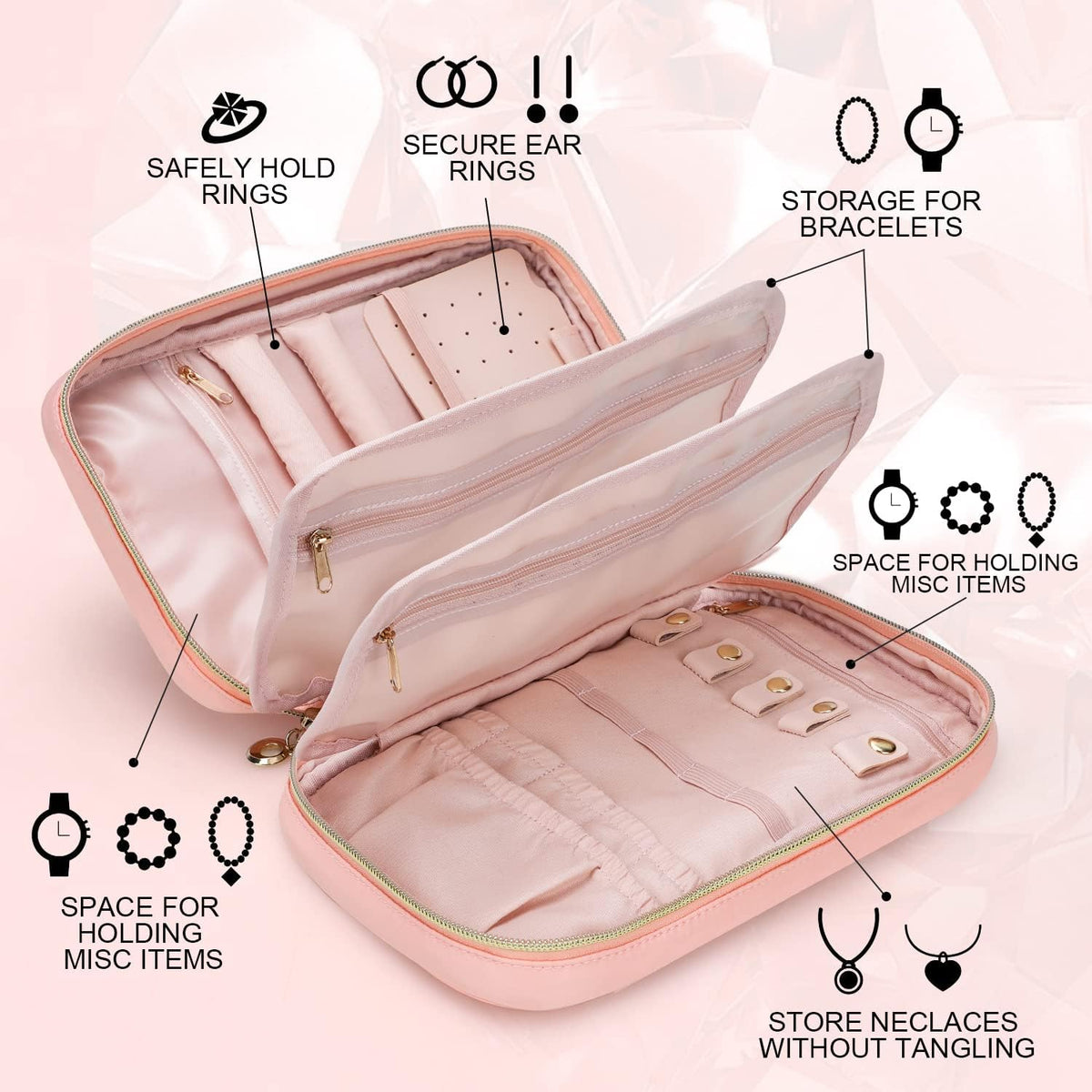 Travel Jewelry Case Organizer for Necklace & Earrings, Pink | Padded slots & necklace ties keep jewelry tangle-free; double-zip, water-repellent travel case for rings & earrings