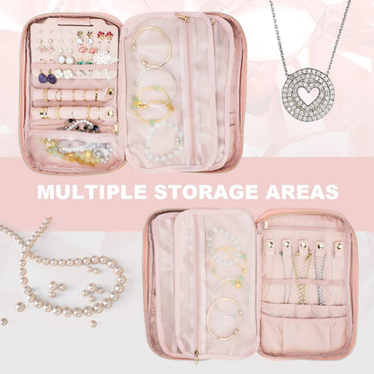 Travel Jewelry Case Organizer for Necklace & Earrings, Pink | Padded slots & necklace ties keep jewelry tangle-free; double-zip, water-repellent travel case for rings & earrings