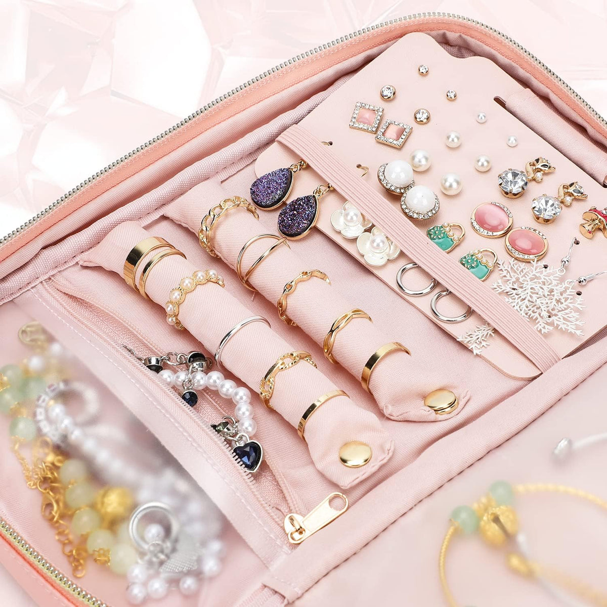 Travel Jewelry Case Organizer for Necklace & Earrings, Pink | Padded slots & necklace ties keep jewelry tangle-free; double-zip, water-repellent travel case for rings & earrings
