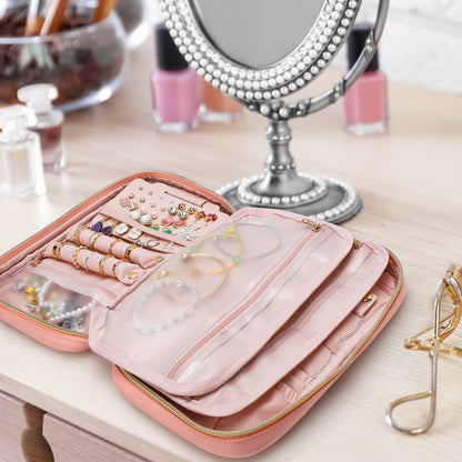 Travel Jewelry Case Organizer for Necklace & Earrings, Pink | Padded slots & necklace ties keep jewelry tangle-free; double-zip, water-repellent travel case for rings & earrings