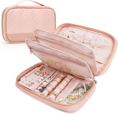 Travel Jewelry Case Organizer for Necklace & Earrings, Pink | Padded slots & necklace ties keep jewelry tangle-free; double-zip, water-repellent travel case for rings & earrings