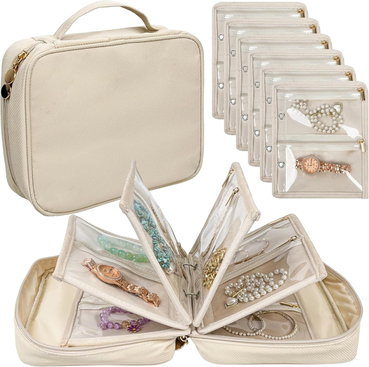 Travel Jewelry Organizer Case,Small Jewelry Bags for Traveling, Jewelry Binder with 24 Pcs Clear Zipper Velvet Pouches (Pink)