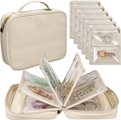 Travel Jewelry Organizer Case,Small Jewelry Bags for Traveling, Jewelry Binder with 24 Pcs Clear Zipper Velvet Pouches (Pink)